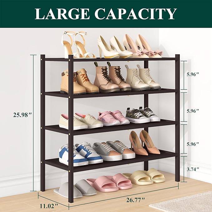 Smiry Bamboo Shoe Rack, 4 Tier Shoe Organizer for Entryway & Closet, Stackable Free Standing Storage Shelf for Shoes, Bags & Plants, Brown