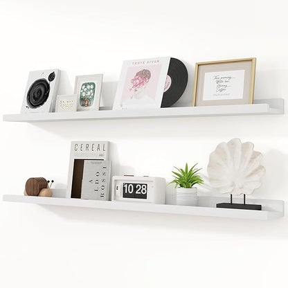RICHFOCUS Floating Shelves for Wall, 48 inch Solid Wood Picture Ledge Shelf for Wall Storage, Nursery Book Shelves with Lip for Living Room Bathroom Bedroom Kitchen, Set of 2, Washed White