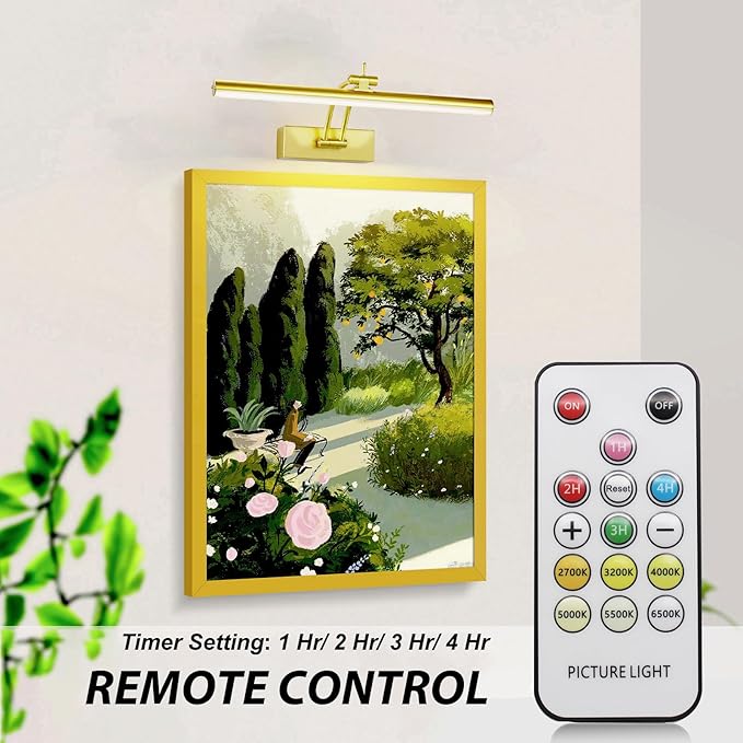2 Pack Picture Lights for Wall Battery Operated, 12 inch Wireless Art Lighting for Painting, 6 Colors Picture Frame Lights with Remote, 4200mAh Gallery Light, Gold