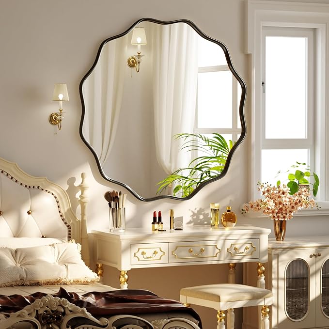 30 Inch Scalloped Round Wall Mirror, Black Wavy Edge Frame Circle Mirror for Bathroom, Bedroom, Entryway, Living Room for Wall Decor