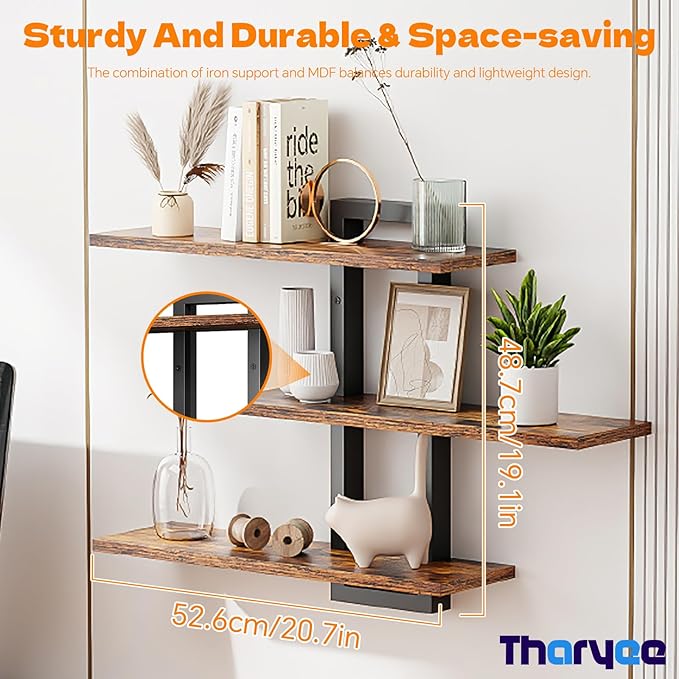 Floating Shelves for Wall Decor, 3 Tier Wall Mounted Storage Shelves, Bathroom Shelves, Decorative Hanging Storage Shelf for Living Room, Bedroom, Kitchen (Brown, 3 Tier)
