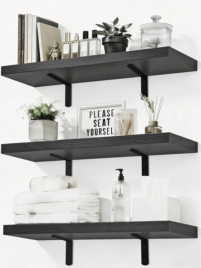 LifetimeWarranty Wall Shelves With Brackets,NOT Floating Easy Install 15.7Inch Solid Wood Shelf 3PCS,Ledge Storage Shelf for Bathroom Living Room Bedroom Kitchen,Wall Organizer for Book Home Decor
