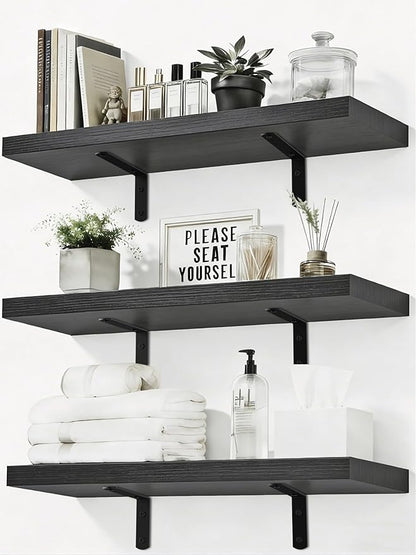 LifetimeWarranty Wall Shelves With Brackets,NOT Floating Easy Install 15.7Inch Solid Wood Shelf 3PCS,Ledge Storage Shelf for Bathroom Living Room Bedroom Kitchen,Wall Organizer for Book Home Decor
