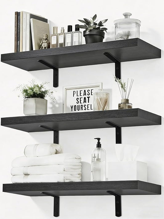 LifetimeWarranty Wall Shelves With Brackets,NOT Floating Easy Install 15.7Inch Solid Wood Shelf 3PCS,Ledge Storage Shelf for Bathroom Living Room Bedroom Kitchen,Wall Organizer for Book Home Decor