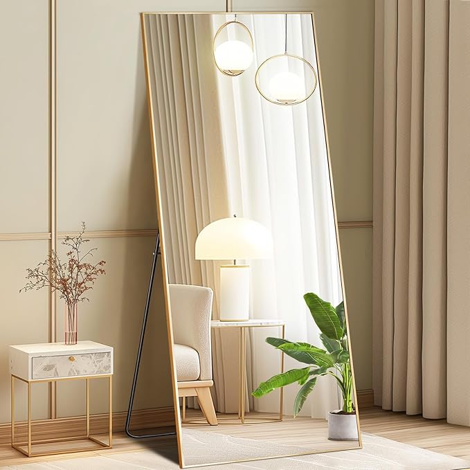 DUMOS Full Length Mirror with Stand, 65"x24" Floor Mirror with Aluminum Alloy Frame for Bedroom, Standing Full Body Mirror with Shatter-proorf Nano Glass for Wall, Living Room, Cloakroom, Gold