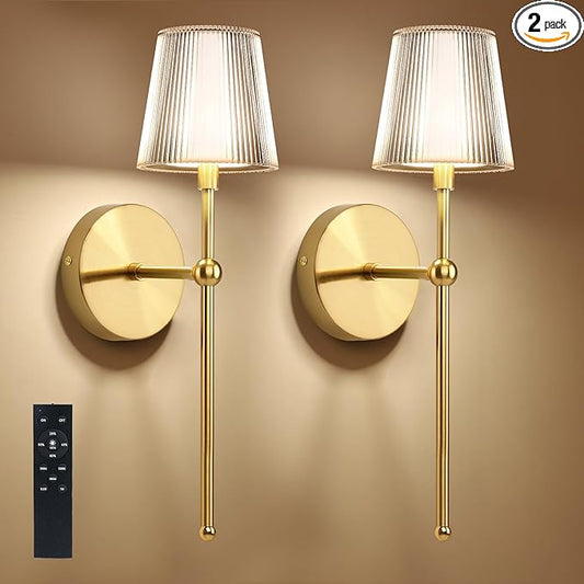 Battery Operated Wall Sconces Set of 2, Wireless Wall Sconce with Remote Dimmable Timer, Rechargeable 5200mAh, Cordless Wall Light Gold for Bedroom Living Room, Hallway, Light Decor