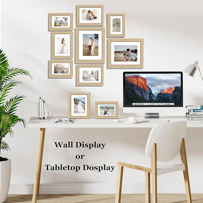Picture Frames, Made of Real Glass and Wooden Frame, Gallery Photo Frames Set of 10 for Collage Wall Decor, Multi Sizes Including 8x10, 5x7, 4x6 for Mounting or Tabletop Display, Wood