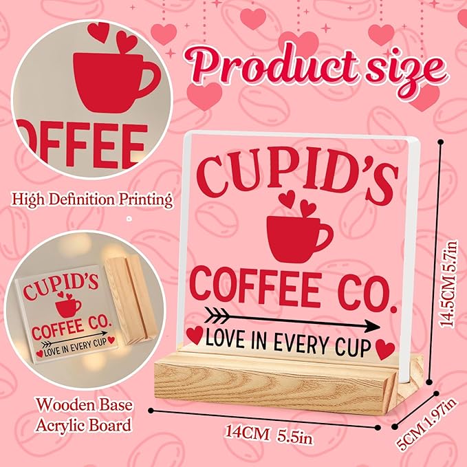 Valentines Coffee Desk Decor, Valentine's Day Gifts for Lover Bar Station, Valentine Home Office Table Sign for Kitchen Shelf Tiered Tray, Cafe Tabletop Decoration to Couples, Coffee Co Love
