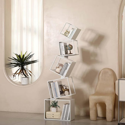 Bookshelf, Metal Bookcase 5-Tier 67", Modern Unique Floor Corner Book Shelf, Display Storage Bookcase for Living Room, Bedroom, Office, Home Decor