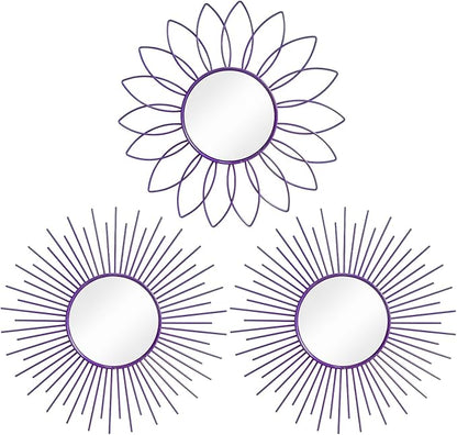 3 Pack Metal Mirrors for Wall Sunburst Wall Mirrors Home Décor Decorative Hanging Wall Art for Living Room Bedroom Entryway (Purple, Flower+Sunburst)
