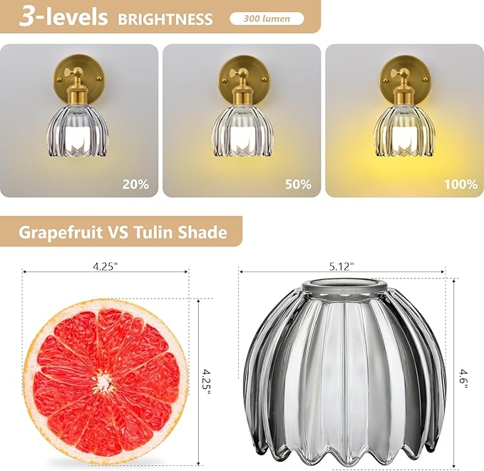 Vintage Battery Operated Wall Sconce, Smoky Gray Tulip Glass Lampshade Wireless Rechargeable Battery Powered LED Wall Light with Remote Dimmable for Bedside Bedroom Doorway Living Room, Set of 2