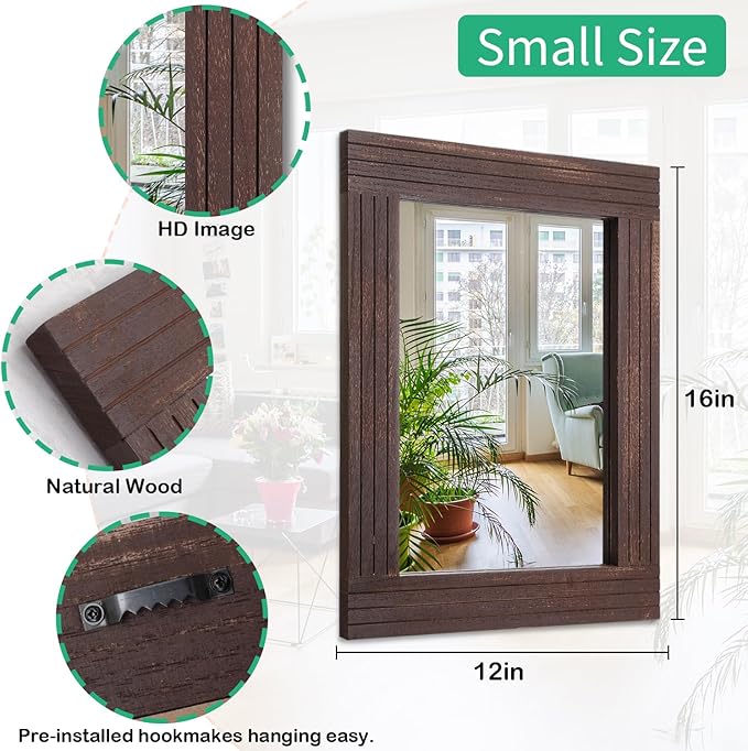 Mirrors for Wall Rustic Wooden Frame Rectangle Mirror Vintage Hanging Mirror for Bedroom Bathroom Living Room Farmhouse Wall Decor Brown Small 16