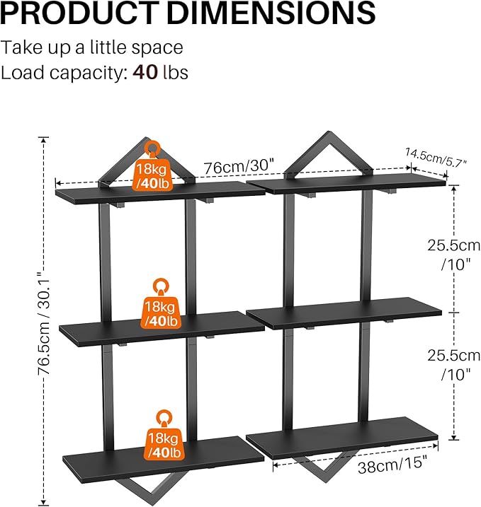 3 Tier Floating Shelves, Set of 2 Wall Shelves for Living Room, Modern Geometric Wooden Shelf for Wall Decor, Hanging Storage Shelf for Bedroom Bathroom Kitchen Home Office (Black)