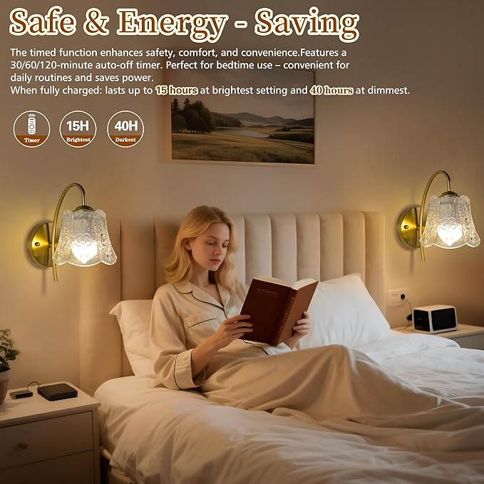 Vintage Battery Wall Sconce with Flower lampshade,Rechargeable Battery Powered Wall Lights,Wall lamp with 15 Colors for Bedroom Living Room Home Decor (Clear Rose, 2 Light Battery Operated)