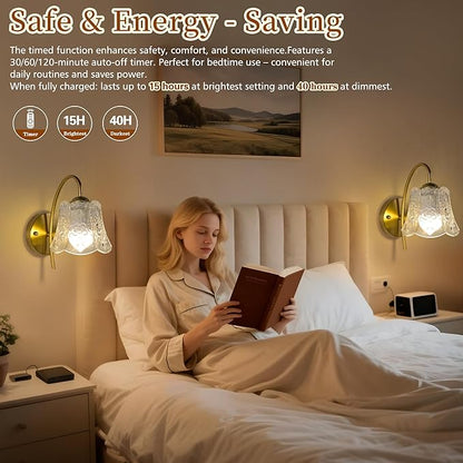 Vintage Battery Wall Sconce with Flower lampshade,Rechargeable Battery Powered Wall Lights,Wall lamp with 15 Colors for Bedroom Living Room Home Decor (Clear Rose, 2 Light Battery Operated)