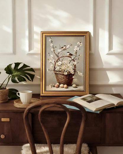 HUARCEY Gold Framed Canvas Wall Art, Bird Flower Basket Vintage Decor, Paintings Farmhouse Wall Decor, Retro Table Desk Decoration Bathroom Bedroom Living Room, 12x16Inch