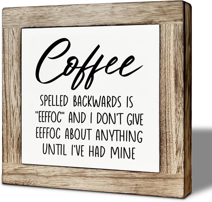 Humor Coffee Bar Decor, Funny Coffee Spelled Backwards Decor Sign, Cafe Wooden Box Sign Kitchen Home Decoration, Inspirational Office Desk Signs 5.9X5.9 Inches