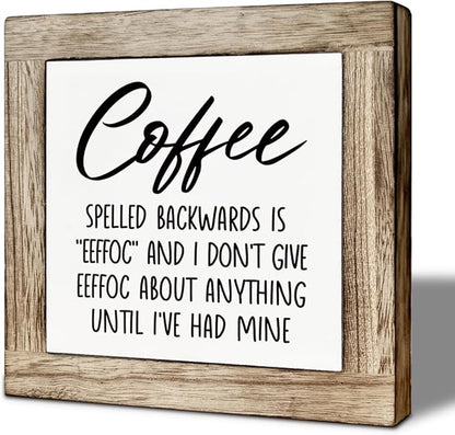 Humor Coffee Bar Decor, Funny Coffee Spelled Backwards Decor Sign, Cafe Wooden Box Sign Kitchen Home Decoration, Inspirational Office Desk Signs 5.9X5.9 Inches