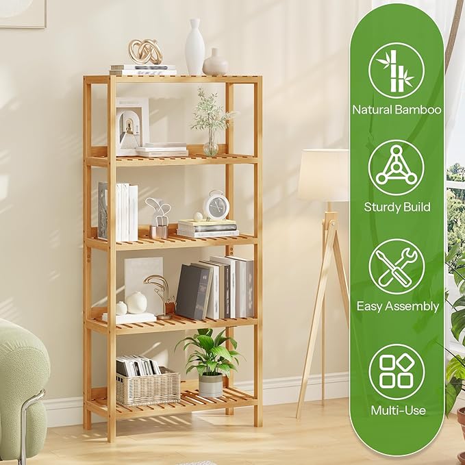 HOOBRO Bamboo Storage Shelf, 5-Tier Freestanding Shelving Unit, Multifunctional Storage Rack with Back Panel, 23.6 x 10.2 x 51.2 inches, for Bathroom, Living Room, Balcony, Kitchen, Natural YL96CJ01