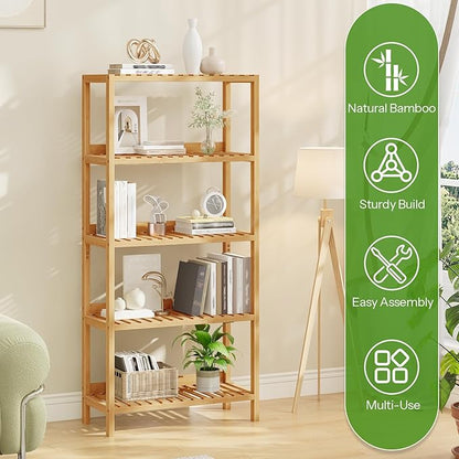 HOOBRO Bamboo Storage Shelf, 5-Tier Freestanding Shelving Unit, Multifunctional Storage Rack with Back Panel, 23.6 x 10.2 x 51.2 inches, for Bathroom, Living Room, Balcony, Kitchen, Natural YL96CJ01