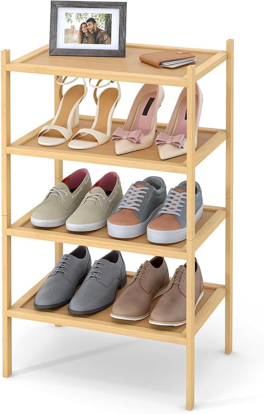 Smiry Bamboo Small Shoe Rack, 4 Tier Shoe Organizer for Entryway & Closet, Stackable Free Standing Storage Shelf for Shoes, Bags & Plants, Natural