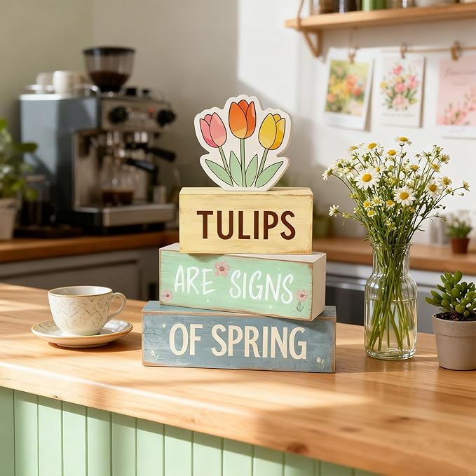 Spring Decoration Wooden Tiered Tray Decor – Tulips Spring Stacked Block Sign with Floral Accent – Farmhouse Tabletop Spring Decor for Shelf Mantel Seasonal Home Display