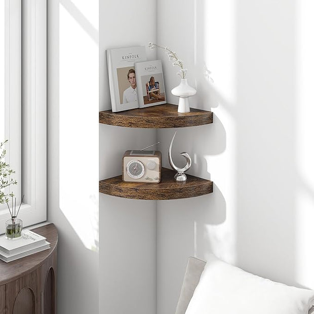 Fun Memories Floating Corner Shelves Set of 2 - Rustic Wood Wall Mounted Storage and Display Shelves for Living Room, Bedroom, Kitchen, Bathroom - Space Saving Home Decor, Brown