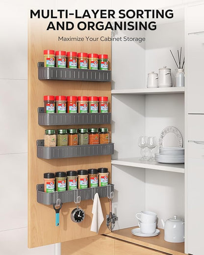 Nieifi Spice Rack Wall Mount, Spice Organizer for Spice Jars, Screw or Adhesive Hanging Spice Rack Organizer for Your Kitchen Cabinet or Pantry Door,4 Pack (Grey)