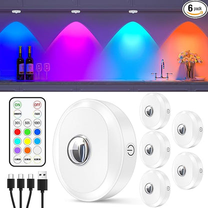 WILLED RGB Rechargeable Puck Lights with Remote Control, Under Cabinet Lighting Wireless, Dimmable Push Lights, Multicolor and Timing Function, LED Puck Lights for Kitchen, Cabinet and Shelf(6 Pack)