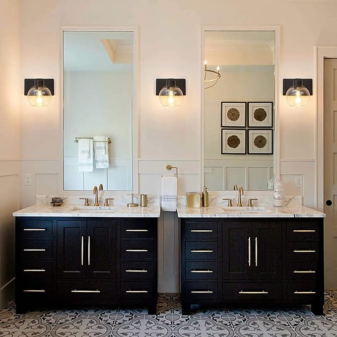 Bathroom Sconces Set of 2, Black Wall Sconces Set of Two, Bathroom Vanity Light with Clear Glass Shade, Modern Wall Light Fixtures for Bath Mirror Hallway Bedroom Living Room, Hardwired, E26 Base
