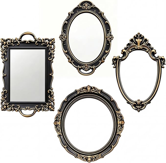 4 Pcs Vintage Gold Mirrors Set Including Small Oval Wall Mirror Antique Shield Shape Square Decorative Mirror Dresser Mirrored Tray for Bedroom Wedding Victorian Decor (Vintage,Bronze Gold)