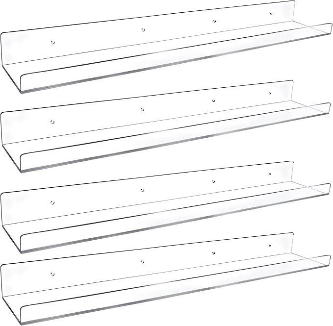 4 Pack 24-Inch Long Clear Acrylic Floating Shelves U Shape Wall Shelf for Book Display Makeup Product Spice Organizer