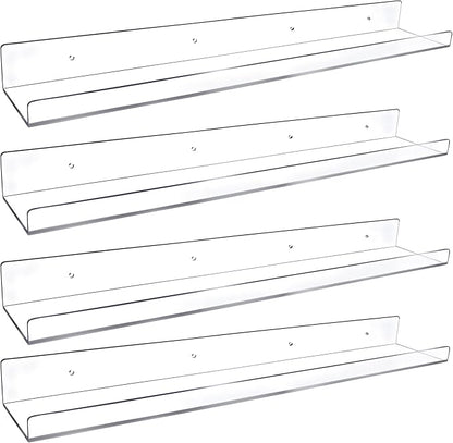 4 Pack 24-Inch Long Clear Acrylic Floating Shelves U Shape Wall Shelf for Book Display Makeup Product Spice Organizer