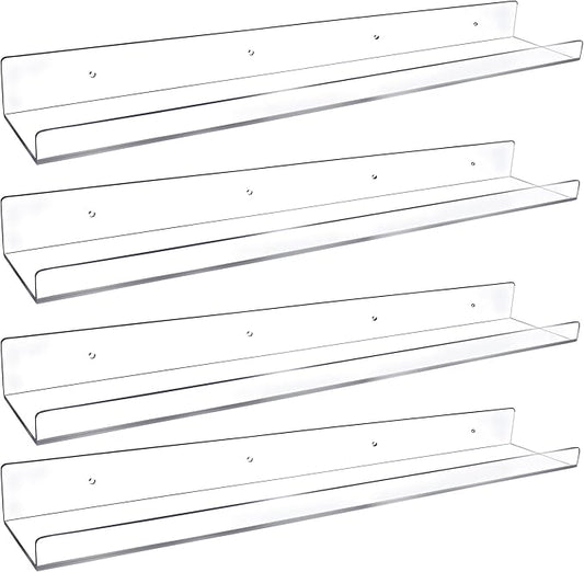 4 Pack 24-Inch Long Clear Acrylic Floating Shelves U Shape Wall Shelf for Book Display Makeup Product Spice Organizer