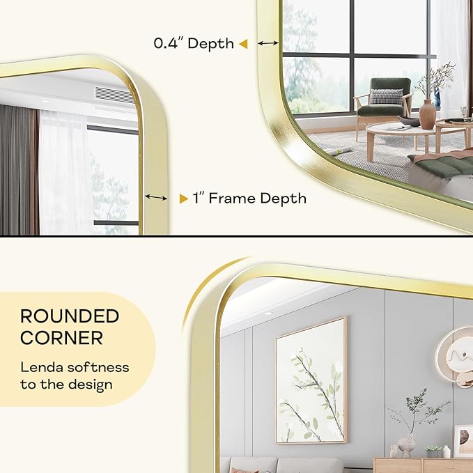 Gold Framed Bathroom Mirror, Brushed Gold Bathroom Vanity Wall Mirror, Rounded Rectangle Gold Frame Mirror, Tempered Glass, Anti-Rust, Hangs Horizontally or Vertically (24