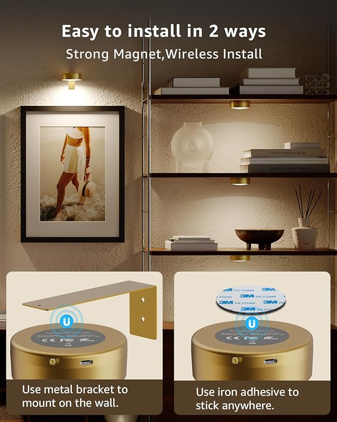 Wireless Rechargeable Above Picture Lights for Wall, 3 Pack 2600mAh Battery Art Light for Paintings Cordless Over Photo Frame Lights LED Gallery Lamp Remote Magnetic Puck Lighting for Poster Artwork