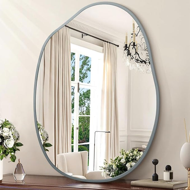 Asymmetrical Bathroom Mirror for Wall, Irregular Wall Mirror, Metal Framed Mirrors for Bathroom Bedroom Living Room Entryway, Decorative Modern Aluminum Alloy Wall Decor 18''x26'' Gray