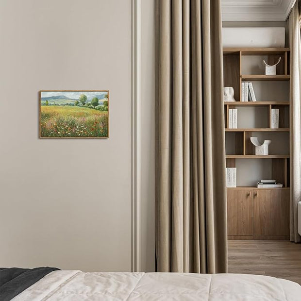 OIQArtOIQ Vintage Landscape Framed Wall Art Spring Countryside Colorful Wildflower Field Canvas Art Prints Farmhouse Cottagecore Pictures Wall Decor Rustic Meadow Paintings Artwork For Kitchen Bedroom