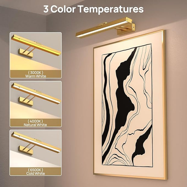 PESUTEN Picture Light Battery Operated, 16in Wireless Art Light for Paintings CCT Dimmable Recharging Battery Picture Light with Remote Control for Gallery Dartboard Art Bedroom Bathroom 2pcs Gold