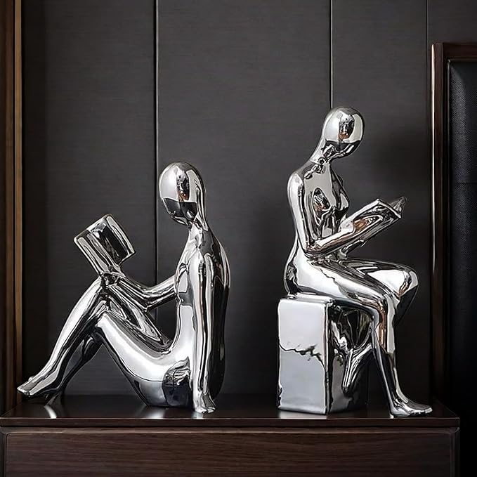 Home Decorative Reading Book Statue Bookends Elegant Ceramic Bookshelf Room Office Desk Decor,Paper Weights, Book Ends,Bookend Supports, Book Stoppers, Set of 2 (Silver)