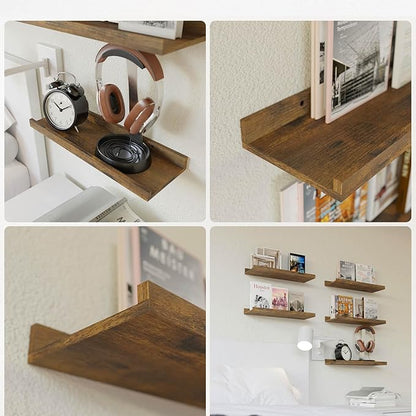 RICHER HOUSE 3 Set Floating Shelves for Wall Decor, 16 inches Wall Mounted Book Shelf, Nursery Shelves Picture Ledge Shelf with Lip for Storage, Bedroom, Living Room, Bathroom - Brown