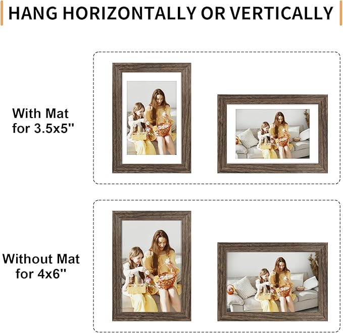 ATOBART 4x6 Picture Frame Set of 4, Displays 3.5x5 with Mat or 4x6 Without Mat, Photo Frames for Wall Hanging or Tabletop, Includes HD Plexiglass, Brown