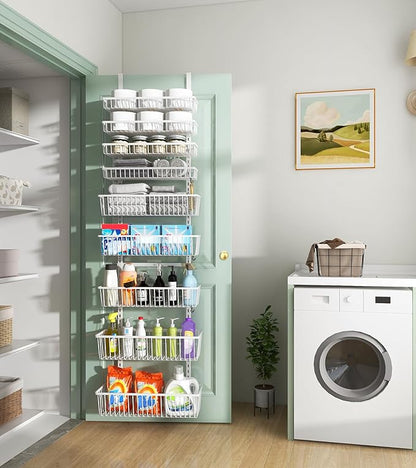 White 9-Tier Over The Door Pantry Organizer, Pantry Organization and Storage, Deep Baskets Hanging Heavy-Duty Metal, Wall Spice Rack Seasoning Shelves for Home & Kitchen, Laundry Room Bathroom