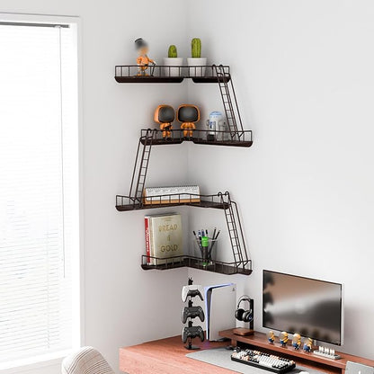 Fire Escape Wall Shelf - Modern City Style 4-Tier Corner Wall Shelves, Easy to Install Metal Ladder Shelf for Figures, New York Decorative Shelves for Bathroom, Living Room&Home Decor,Coffee