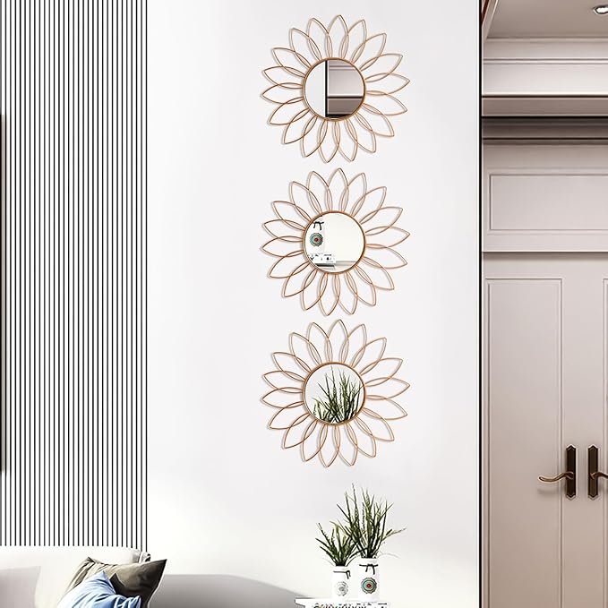 3 Pack Metal Mirrors for Wall Sunburst Wall Mirrors Home Décor Decorative Hanging Wall Art for Living Room Bedroom Entryway (Rose Gold2, Flowers)