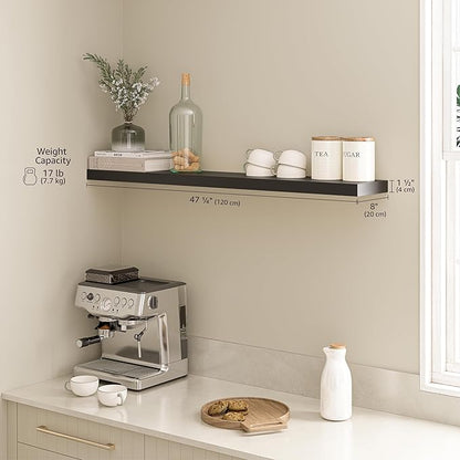 Ballucci Floating Shelf, 48" Wood Wall Shelf with Invisible Brackets for Bathroom, Living Room, Bedroom, Kitchen, Nursery, 8" Deep, Black