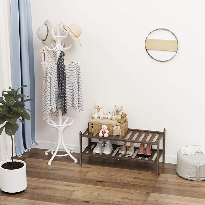 Bamboo 2-Tier Shoe Rack Stackable Shelf Storage Organizer for Entryway, Hallway and Closet, 27.2