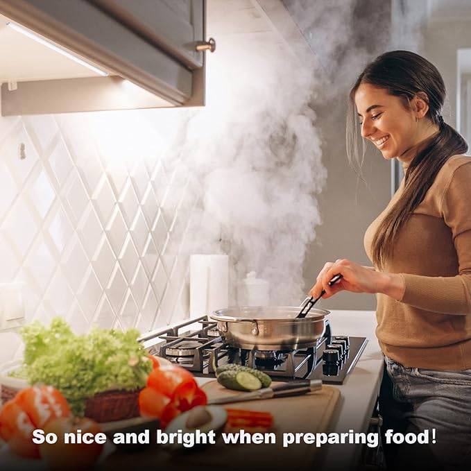 JUSJUBR Under Cabinet Lights Plug-in, 4 Pack x 12inch LED Under Cabinet Lighting, Dimmable Plug-in Light Bar for Desk, Under Kitchen Counter LED Lights with Memory Function, Cold White 6500K