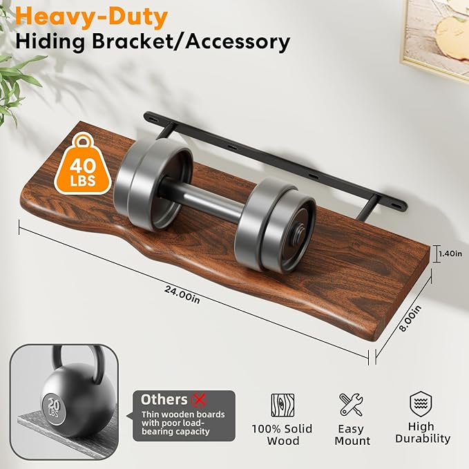 Floating Shelves for Wall Rustic Farmhouse 24 Inch Floating Shelf Wooden Shelves for Wall Mounted Live Edge Pine Shelf with Unique Natural Grain for Living Room Bedroom Kitchen (Golden Oak Finish)