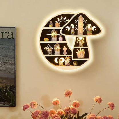 Crescent Moon Shelf with LED Light, Wooden Mushroom Shelf for Crystals Rocks Gems Healing Stones, Trinket Knick Knack Bohomian Witchy Wiccan Shelves Wall Mounted